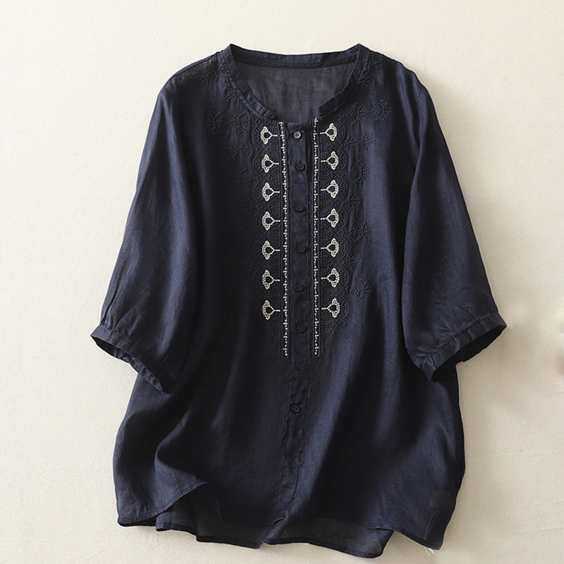 Symmetrical Embroidery Cotton Linen Women's Half Sleeves Shirt