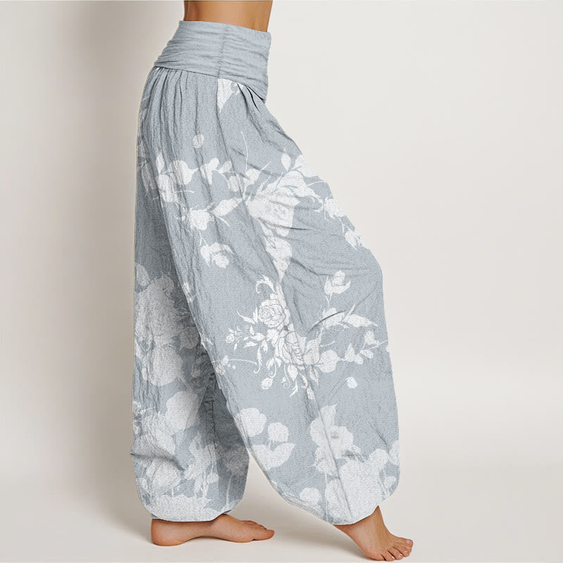 Pure Cotton Blooming Budding Flowers Pattern Women's Elastic Waist Harem Pants - Image 9