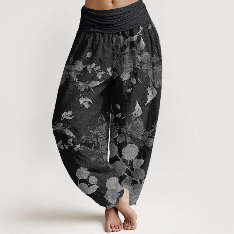 Pure Cotton Blooming Budding Flowers Pattern Women's Elastic Waist Harem Pants