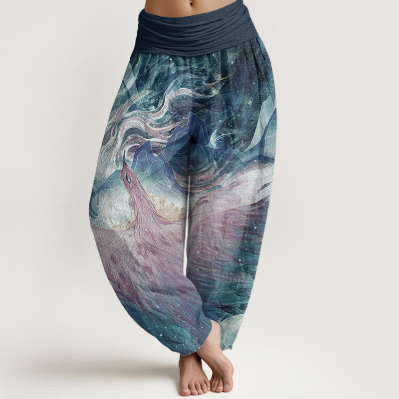 Pure Cotton Mythical Creature Pattern Women's Elastic Waist Harem Pants