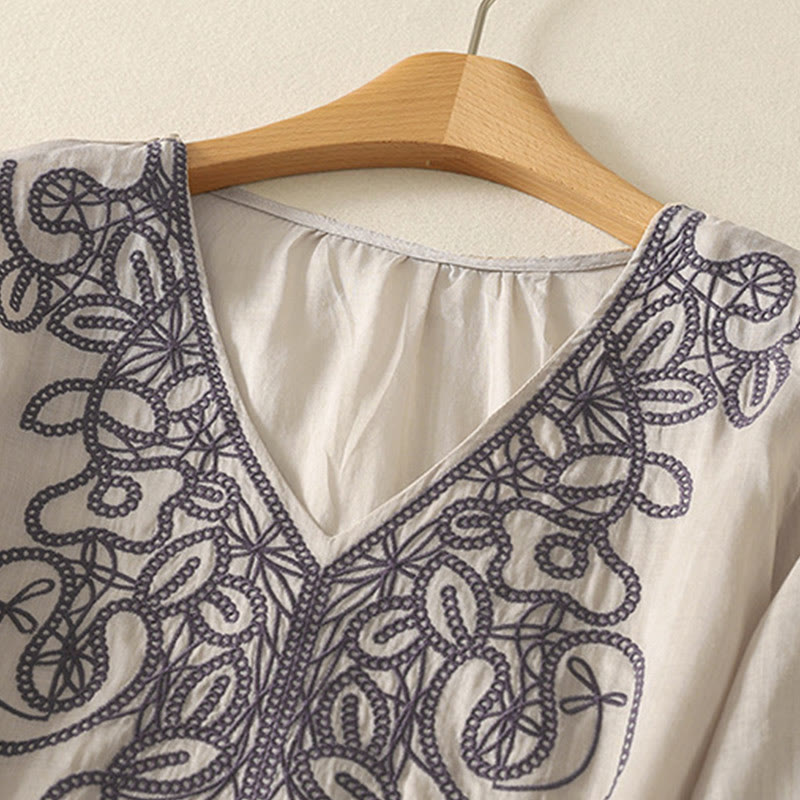 Embroidered V-neck Casual Women's Cotton Linen Half Sleeve T-shirt - Image 3