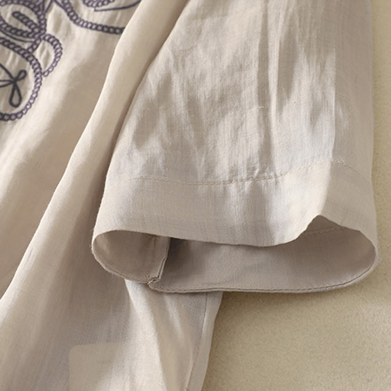 Embroidered V-neck Casual Women's Cotton Linen Half Sleeve T-shirt - Image 6