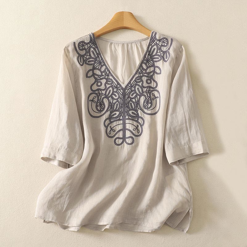Embroidered V-neck Casual Women's Cotton Linen Half Sleeve T-shirt