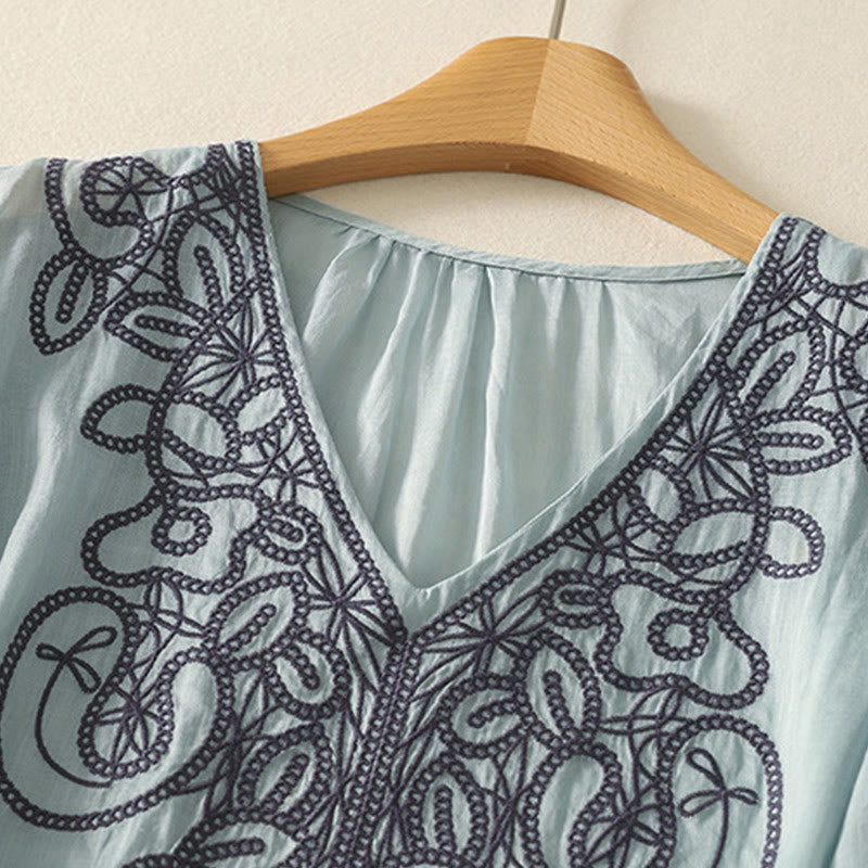 Embroidered V-neck Casual Women's Cotton Linen Half Sleeve T-shirt - Image 9