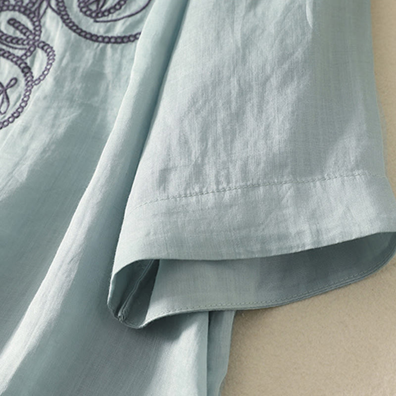 Embroidered V-neck Casual Women's Cotton Linen Half Sleeve T-shirt - Image 12