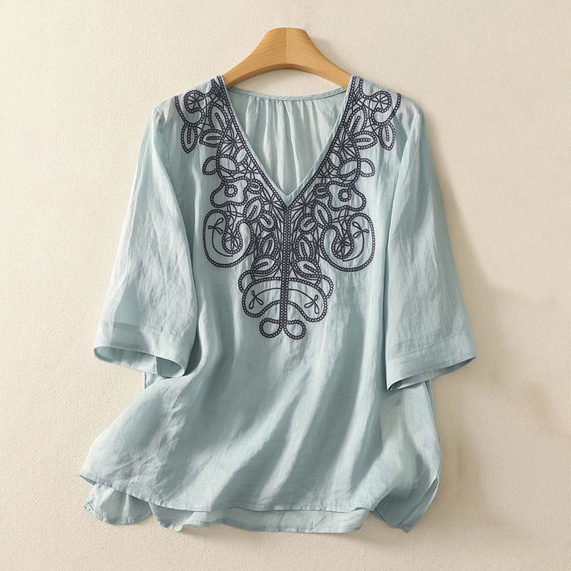 Embroidered V-neck Casual Women's Cotton Linen Half Sleeve T-shirt - Image 7