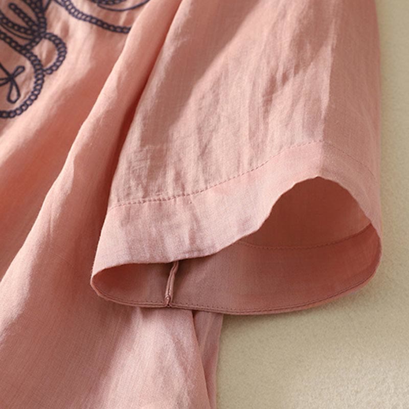 Embroidered V-neck Casual Women's Cotton Linen Half Sleeve T-shirt - Image 16