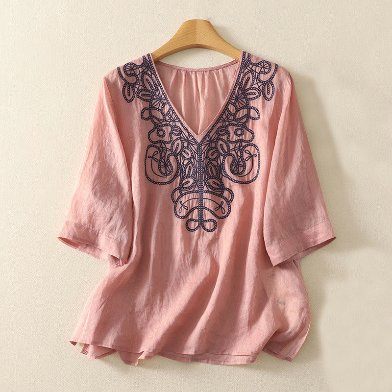 Embroidered V-neck Casual Women's Cotton Linen Half Sleeve T-shirt - Image 13