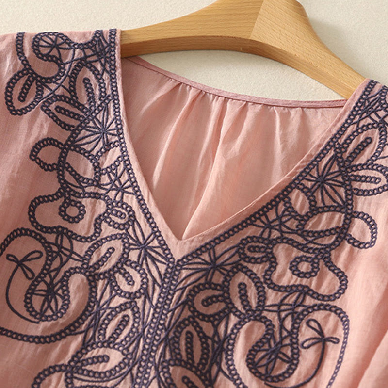 Embroidered V-neck Casual Women's Cotton Linen Half Sleeve T-shirt - Image 15