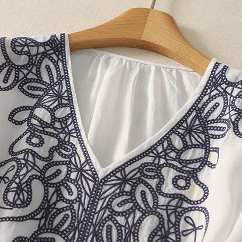 Embroidered V-neck Casual Women's Cotton Linen Half Sleeve T-shirt - Image 22