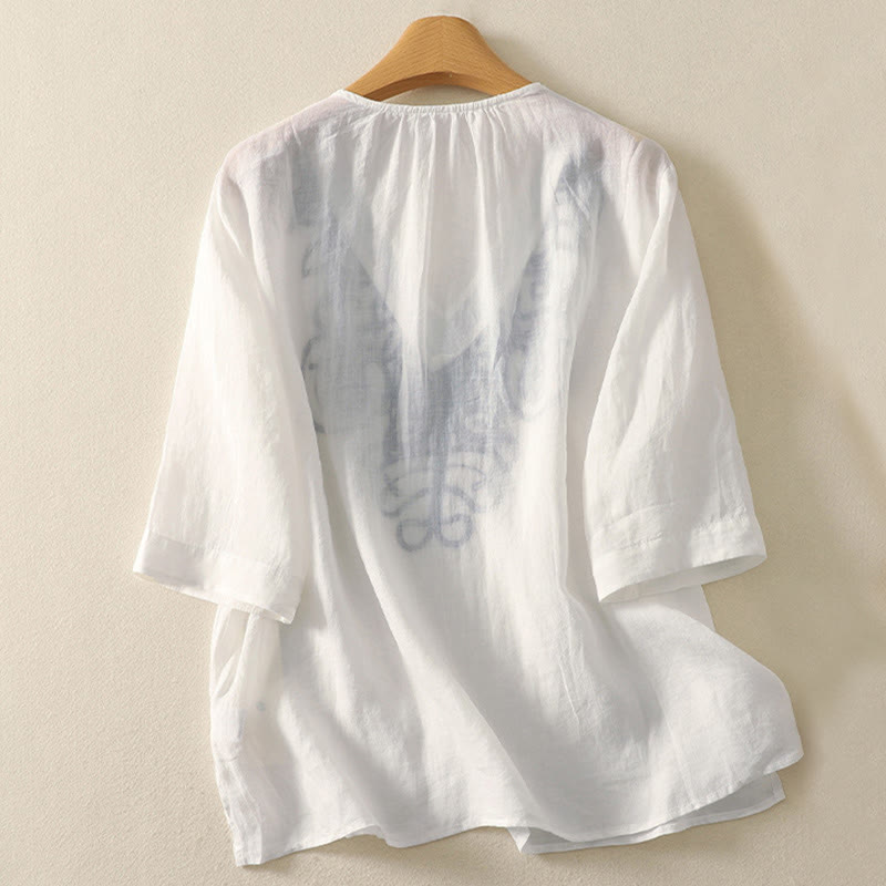 Embroidered V-neck Casual Women's Cotton Linen Half Sleeve T-shirt - Image 21