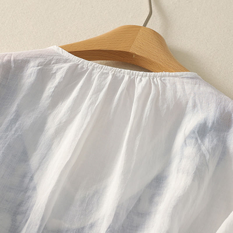 Embroidered V-neck Casual Women's Cotton Linen Half Sleeve T-shirt - Image 23