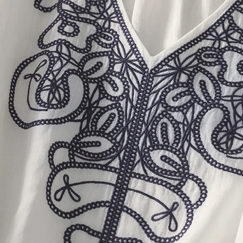 Embroidered V-neck Casual Women's Cotton Linen Half Sleeve T-shirt - Image 28