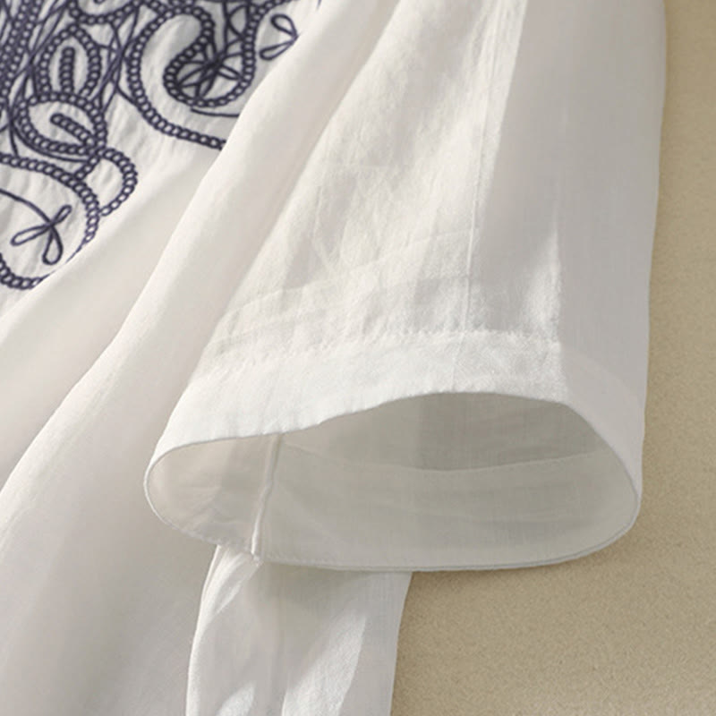 Embroidered V-neck Casual Women's Cotton Linen Half Sleeve T-shirt - Image 25