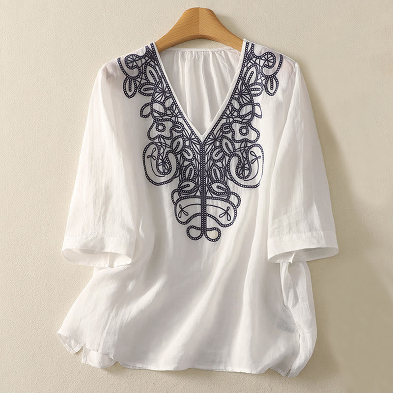 Embroidered V-neck Casual Women's Cotton Linen Half Sleeve T-shirt - Image 19