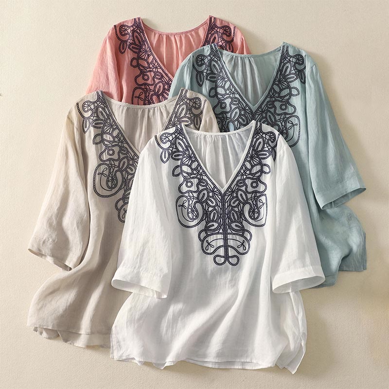 Embroidered V-neck Casual Women's Cotton Linen Half Sleeve T-shirt - Image 29