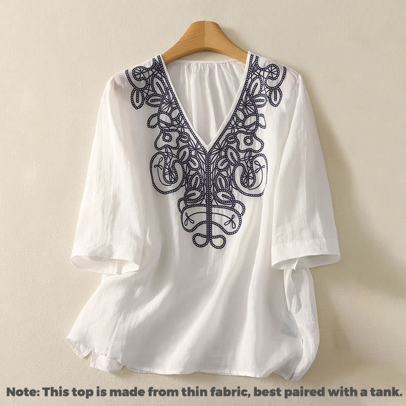Embroidered V-neck Casual Women's Cotton Linen Half Sleeve T-shirt - Image 20