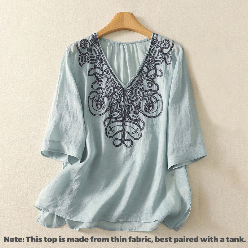 Embroidered V-neck Casual Women's Cotton Linen Half Sleeve T-shirt - Image 8