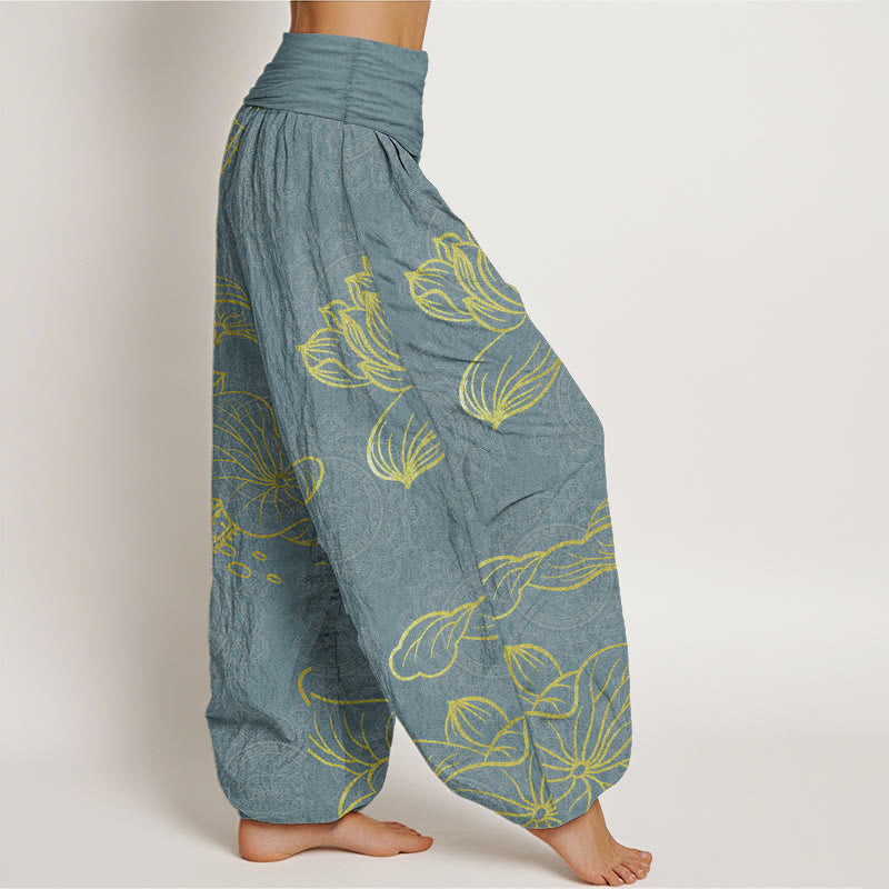 Pure Cotton Golden Lotus Mandala Pattern Women's Elastic Waist Harem Pants - Image 3