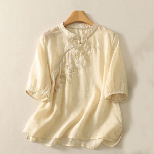 Embroidery Frog-Button Mandarin Collar Cotton Women's Half Sleeves Shirt