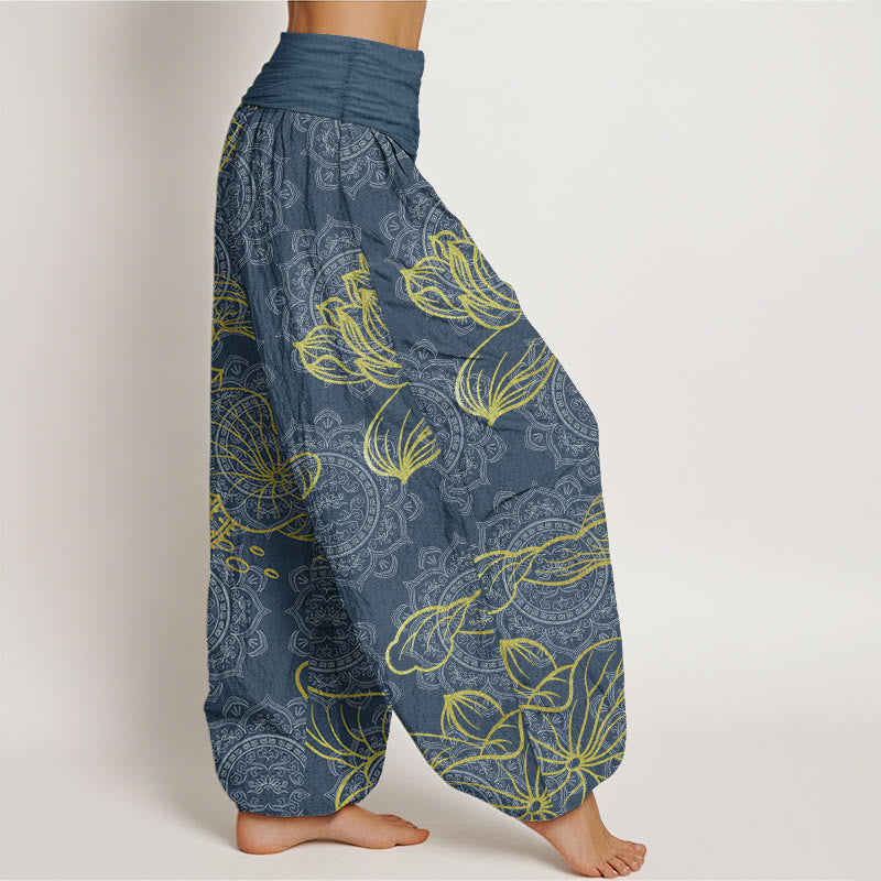 Pure Cotton Golden Lotus Mandala Pattern Women's Elastic Waist Harem Pants - Image 9