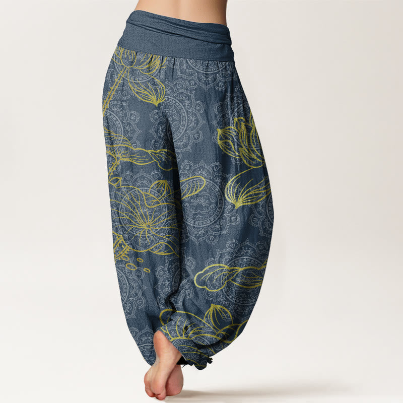 Pure Cotton Golden Lotus Mandala Pattern Women's Elastic Waist Harem Pants - Image 8