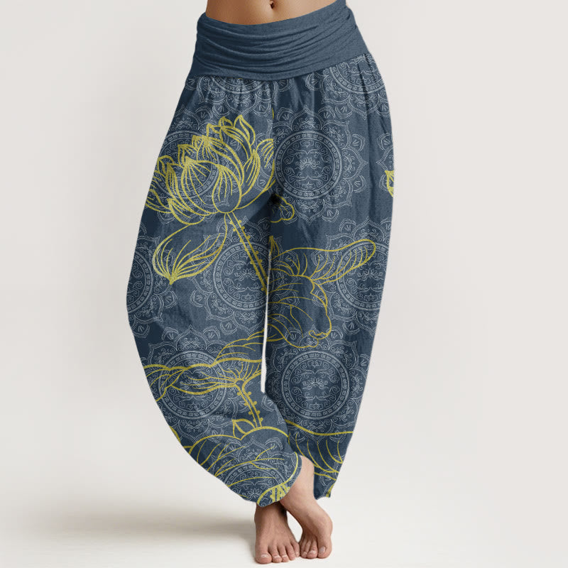 Pure Cotton Golden Lotus Mandala Pattern Women's Elastic Waist Harem Pants - Image 7
