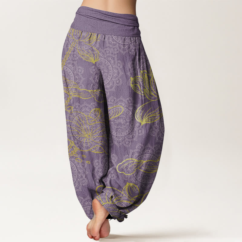Pure Cotton Golden Lotus Mandala Pattern Women's Elastic Waist Harem Pants - Image 11