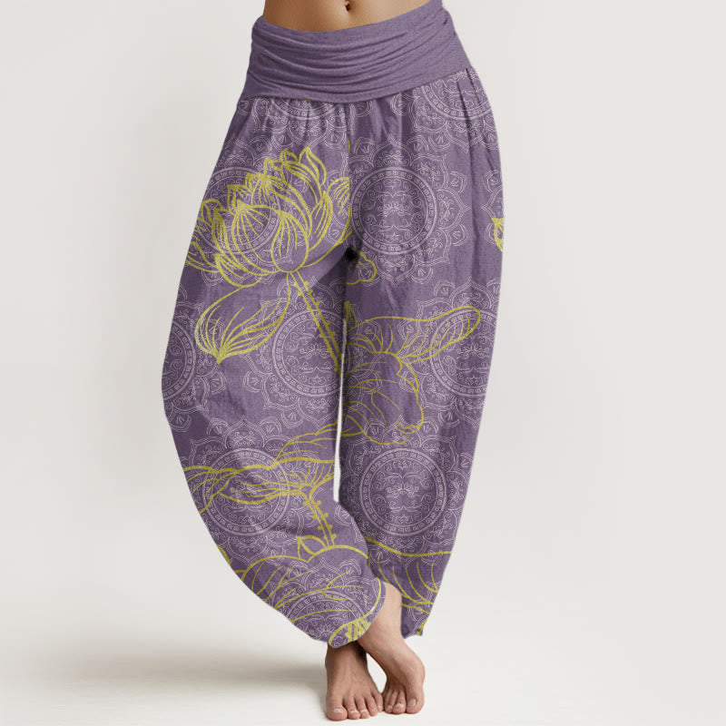 Pure Cotton Golden Lotus Mandala Pattern Women's Elastic Waist Harem Pants - Image 10