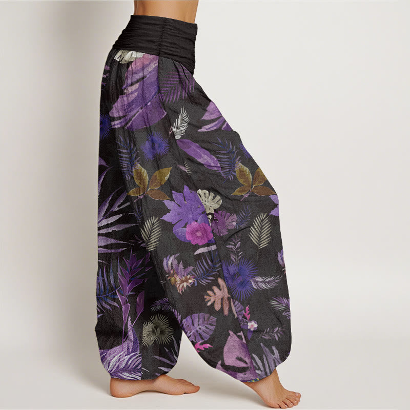 Pure Cotton Colorful Tropical Foliage Women's Elastic Waist Harem Pants - Image 3