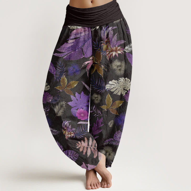 Pure Cotton Colorful Tropical Foliage Women's Elastic Waist Harem Pants