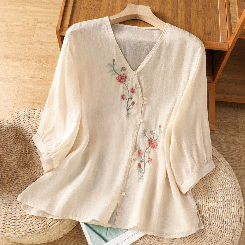 Embroidered Flowers Cotton Women's V-neck Shirt