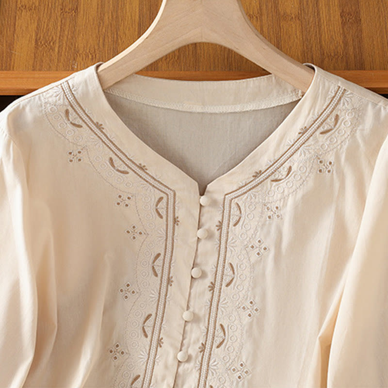 Symmetrical Embroidery Cotton Women's V-neck Shirt - Image 4