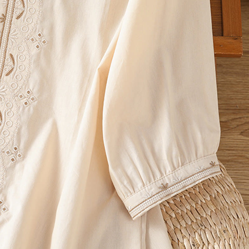 Symmetrical Embroidery Cotton Women's V-neck Shirt - Image 3