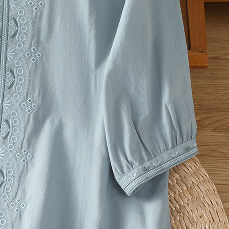 Symmetrical Embroidery Cotton Women's V-neck Shirt - Image 11