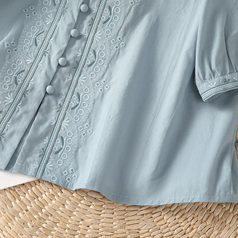 Symmetrical Embroidery Cotton Women's V-neck Shirt - Image 13