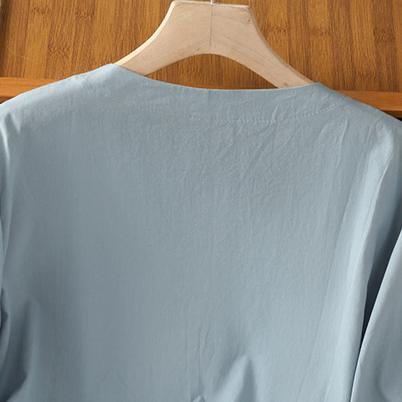 Symmetrical Embroidery Cotton Women's V-neck Shirt - Image 8