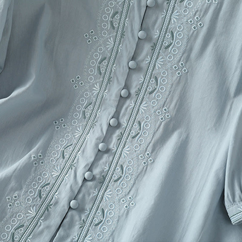 Symmetrical Embroidery Cotton Women's V-neck Shirt - Image 12