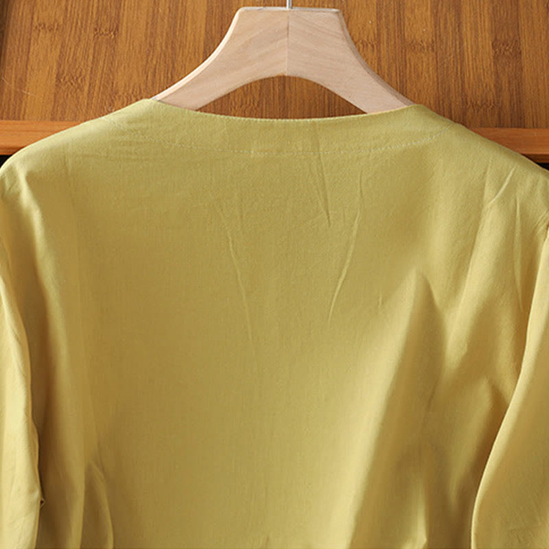 Symmetrical Embroidery Cotton Women's V-neck Shirt - Image 16