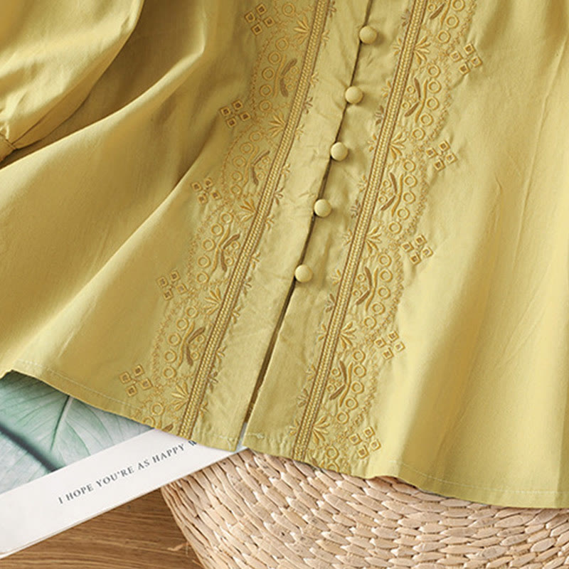 Symmetrical Embroidery Cotton Women's V-neck Shirt - Image 18