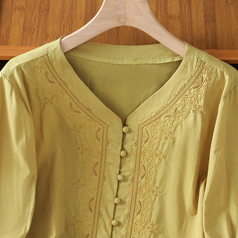 Symmetrical Embroidery Cotton Women's V-neck Shirt - Image 17