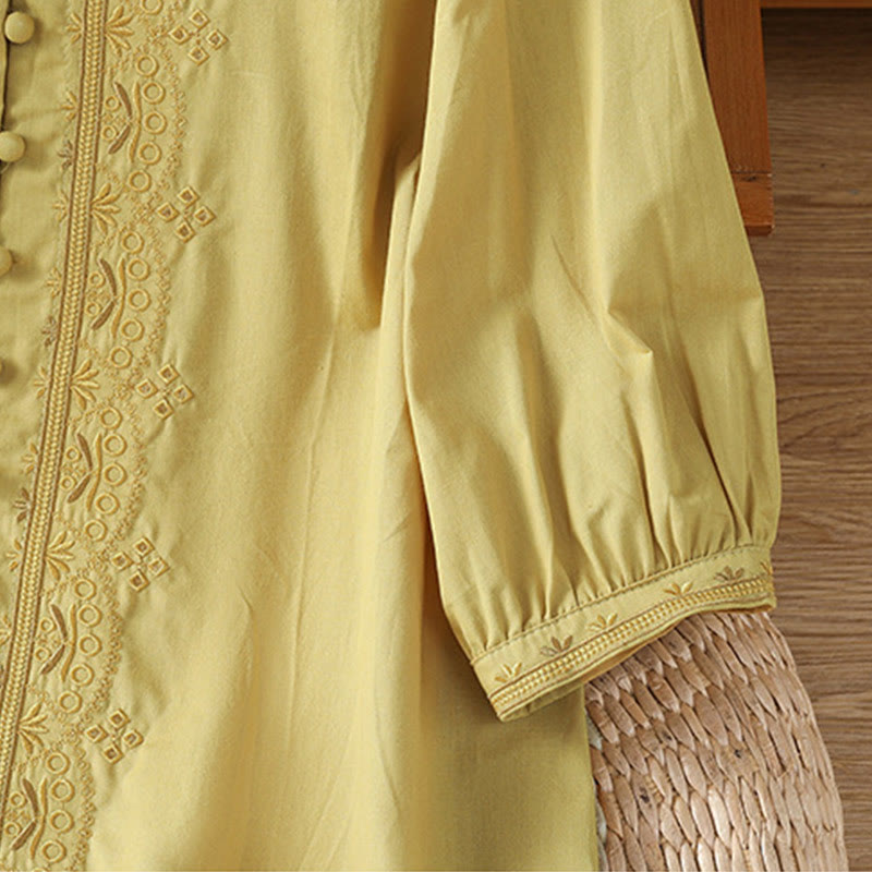 Symmetrical Embroidery Cotton Women's V-neck Shirt - Image 19