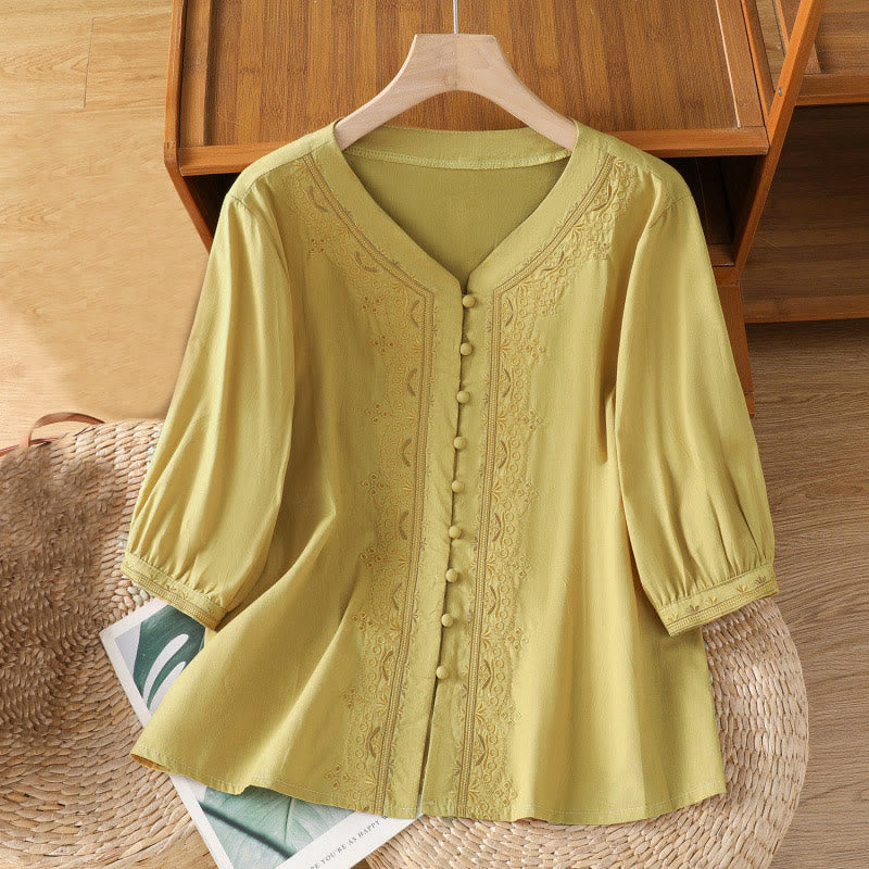 Symmetrical Embroidery Cotton Women's V-neck Shirt - Image 14