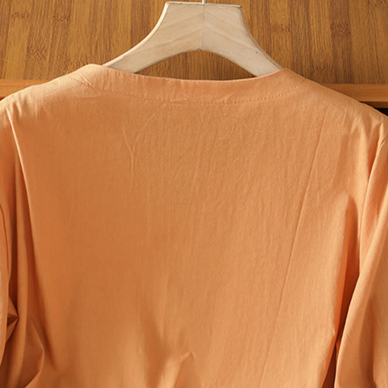 Symmetrical Embroidery Cotton Women's V-neck Shirt - Image 22