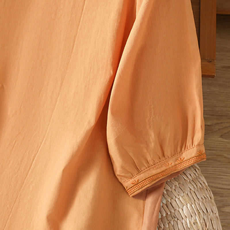 Symmetrical Embroidery Cotton Women's V-neck Shirt - Image 23