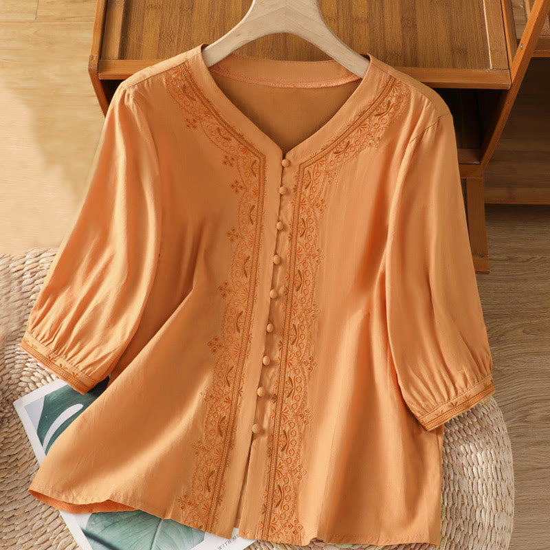 Symmetrical Embroidery Cotton Women's V-neck Shirt - Image 20