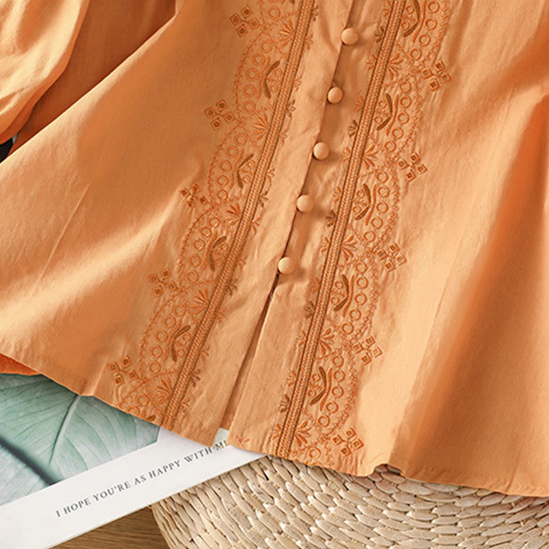 Symmetrical Embroidery Cotton Women's V-neck Shirt - Image 26