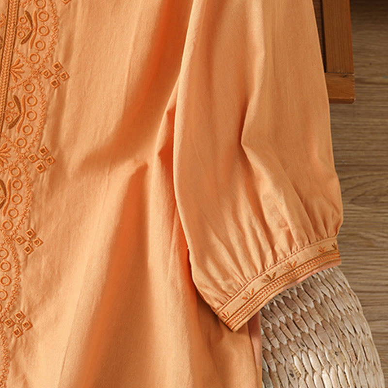 Symmetrical Embroidery Cotton Women's V-neck Shirt - Image 25