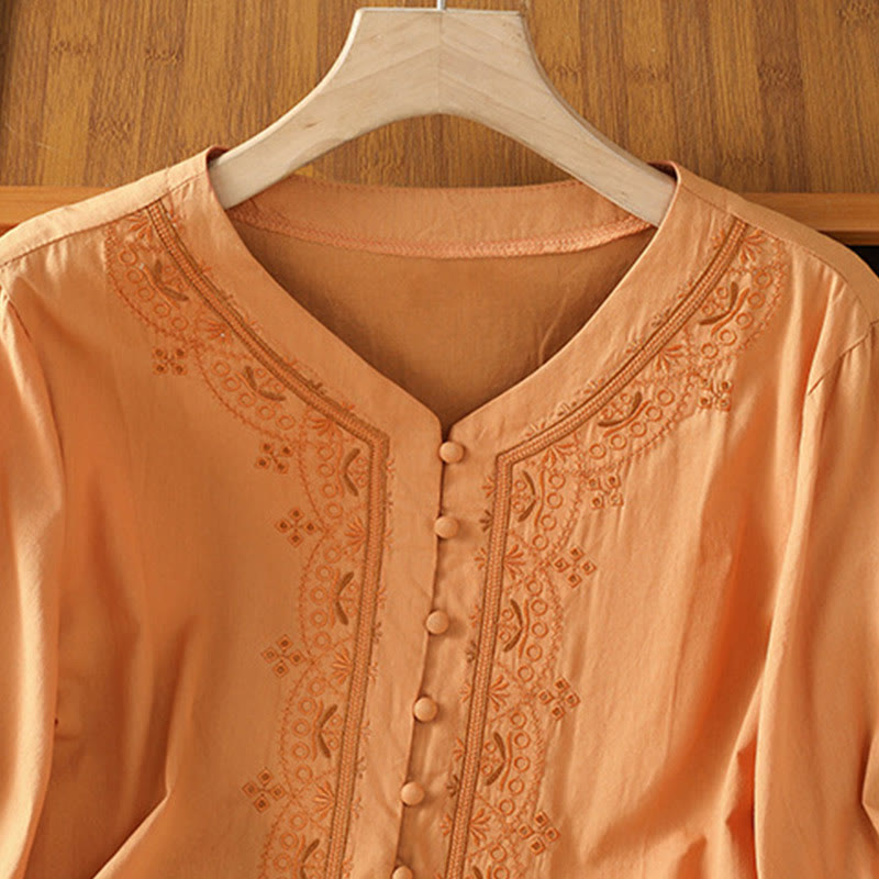Symmetrical Embroidery Cotton Women's V-neck Shirt - Image 24