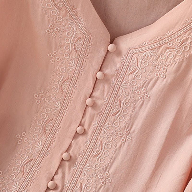 Symmetrical Embroidery Cotton Women's V-neck Shirt - Image 30